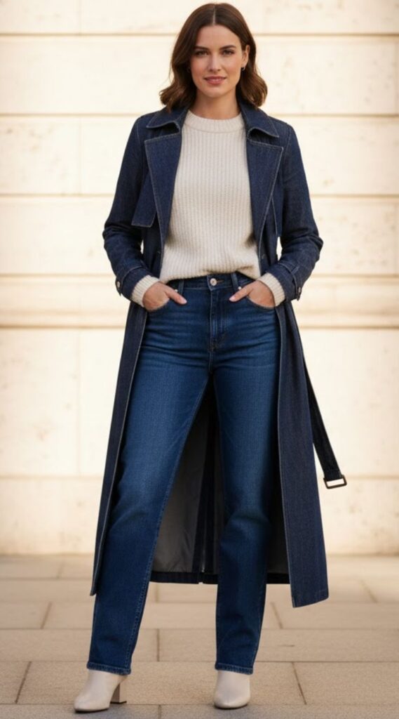 Long Trench + Denim Jacket + Sweater + Jeans