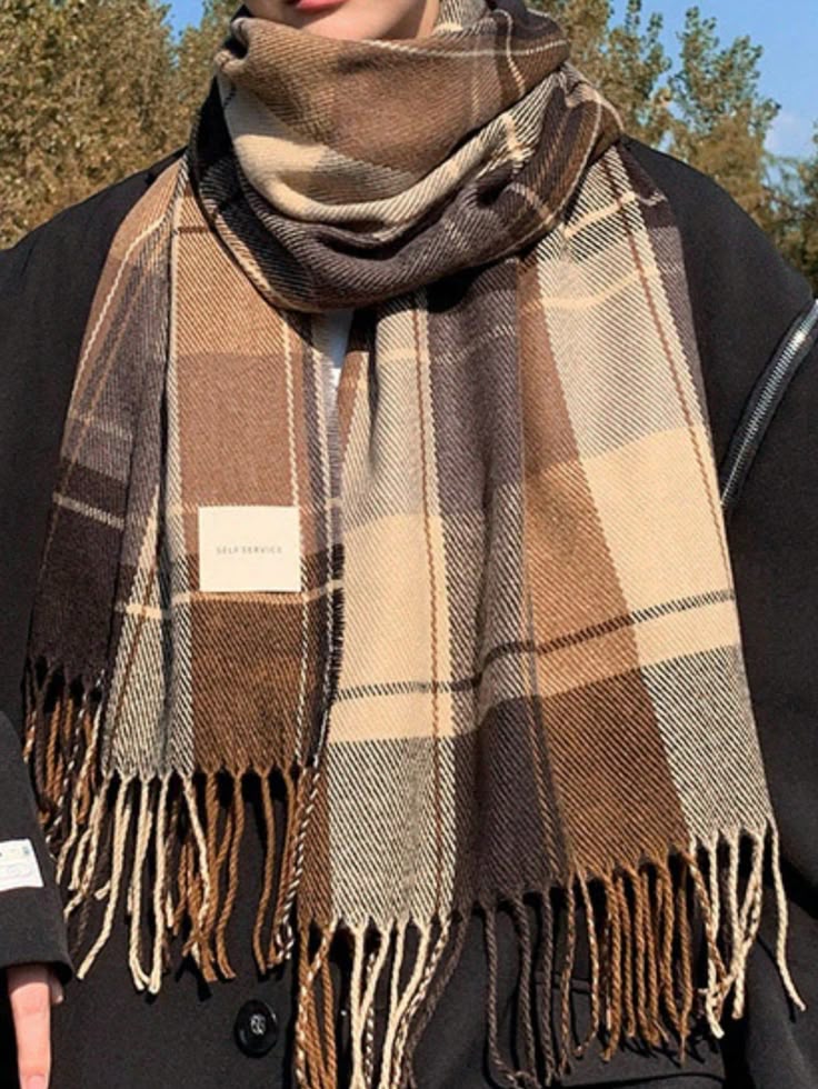 1pc Mens Autumn Winter Fashionable Plaid Scarf Thick Warm Tassel Scarf Warm And Simple DesignCasual Scarf Suitable For Daily Use By Men And Women