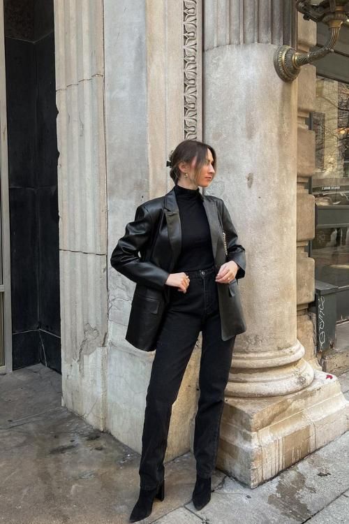 Sweater over Button-Down + Leather Jacket + Jeans