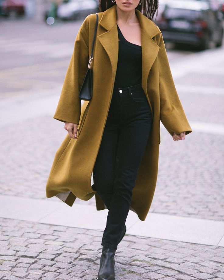 Mustard Coat + Black Midi Dress + Boots