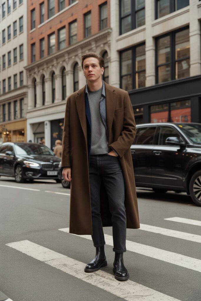 NYC London mens winter capsule wardrobe 2025 — tailored wool coat dark denim Chelsea boots — sleek city street aesthetic