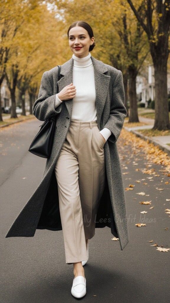 Cropped Sweater + High-Waist Pants + Long Coat
