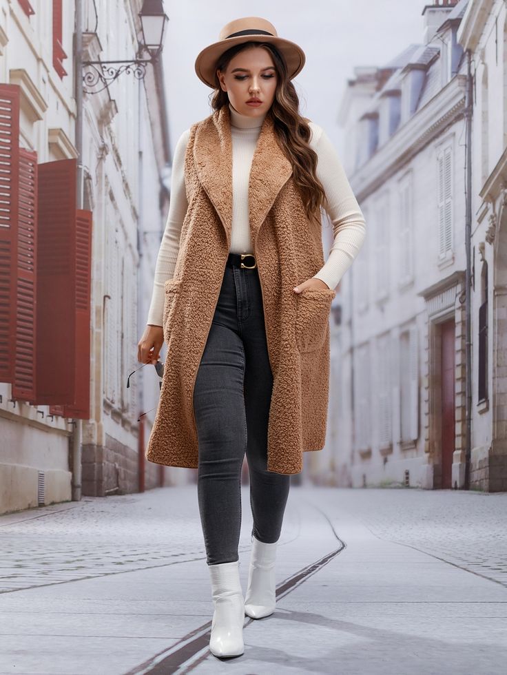 Camel Sweater + Jeans + Fur Vest + Ankle Boots