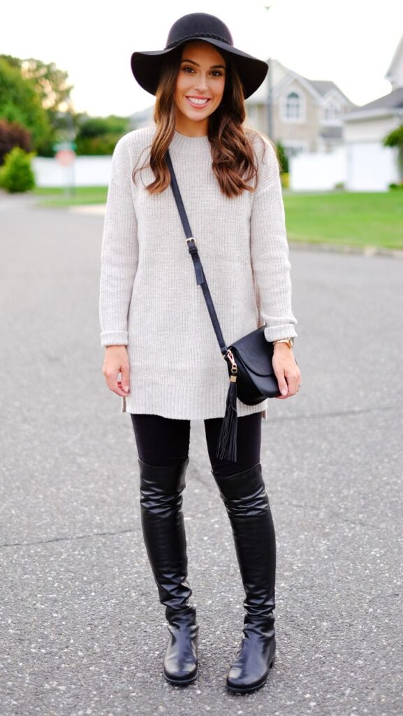 Tunic Sweater + Faux Leather Leggings + Beanie