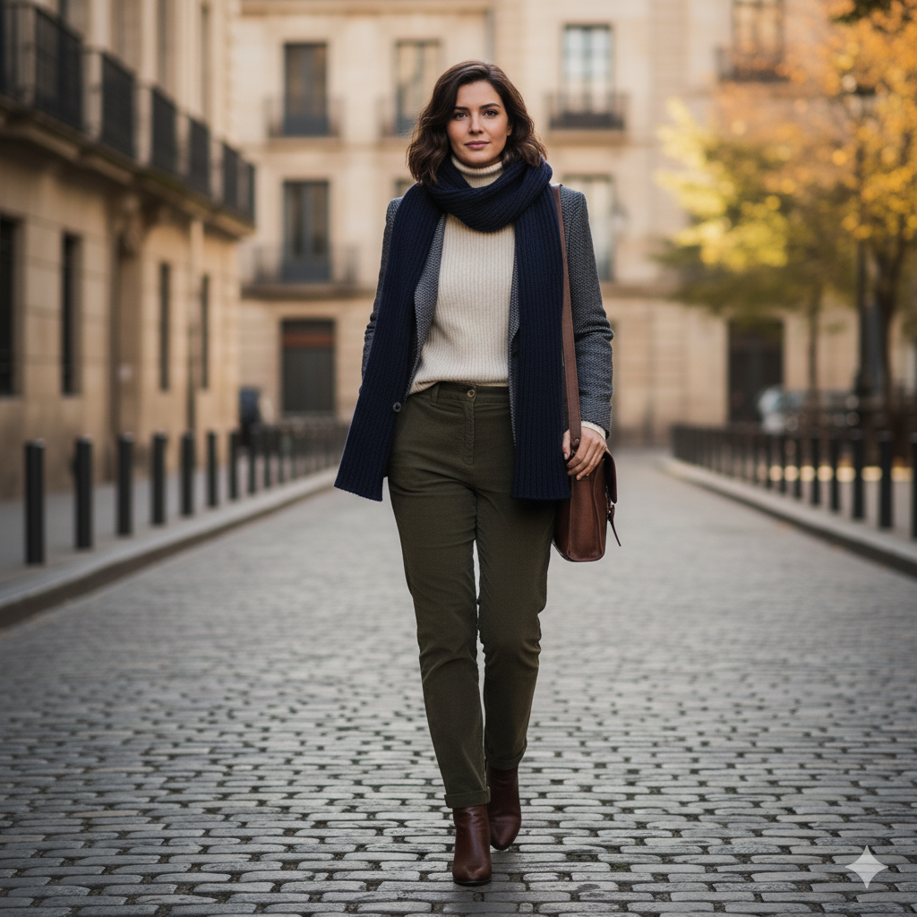 Turtleneck + Blazer + Scarf + Corduroy Pants