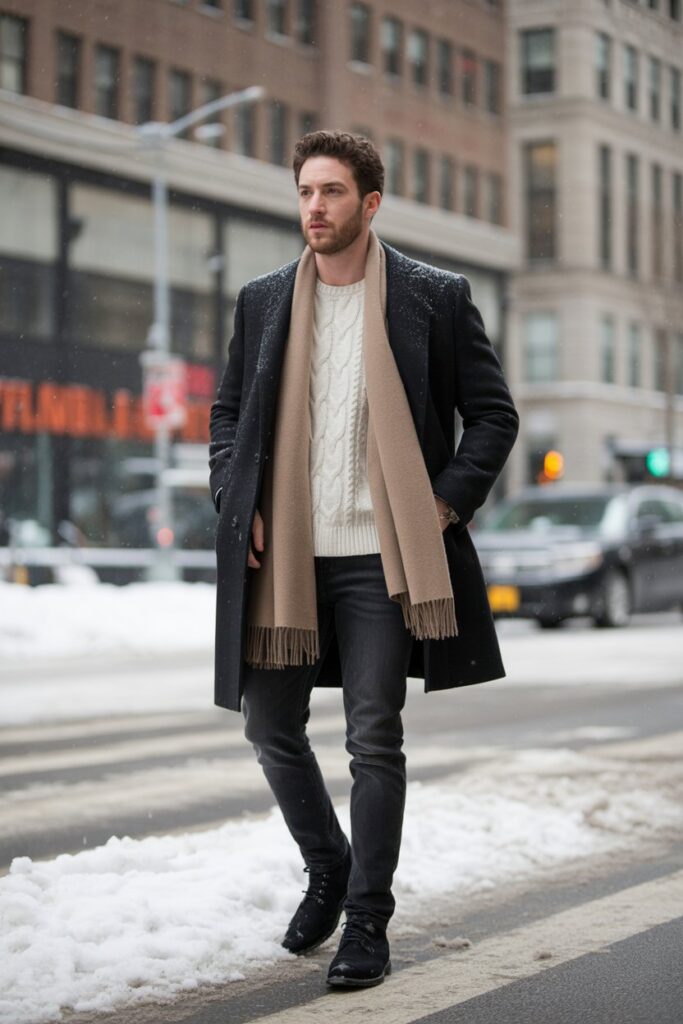 Winter capsule wardrobe men 2025 — neutral tones layered streetwear high street staples — snowy NYC background