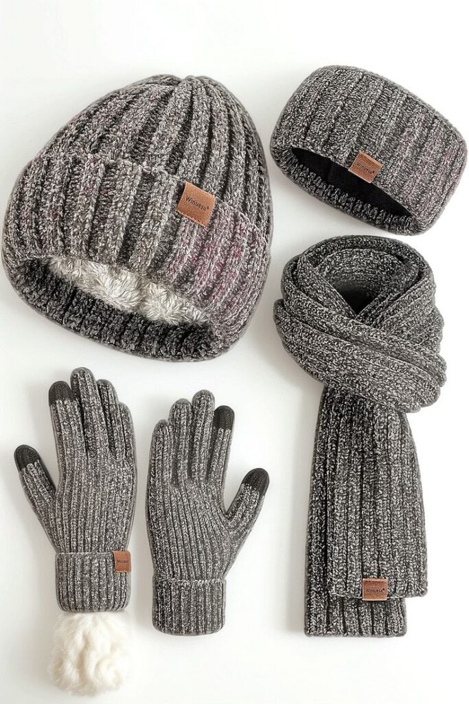 Women Beanie Scarf Gloves Headband Set Chenille Winter Hats Fleece Lined Ear Warmer Kni