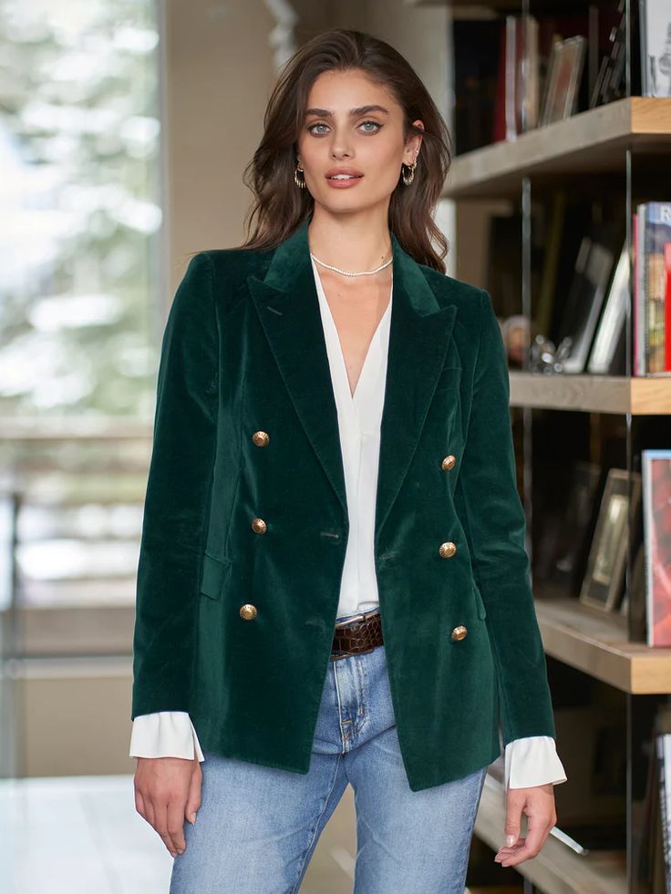 Velour or Velvet Top + Blazer + Jeans + Boots